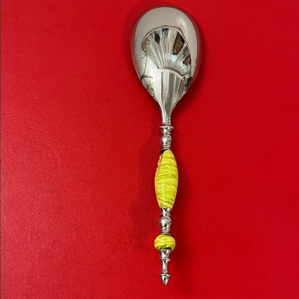 Italian Murano Glass Salad Spoon - yellow green Stripes 10.5”L